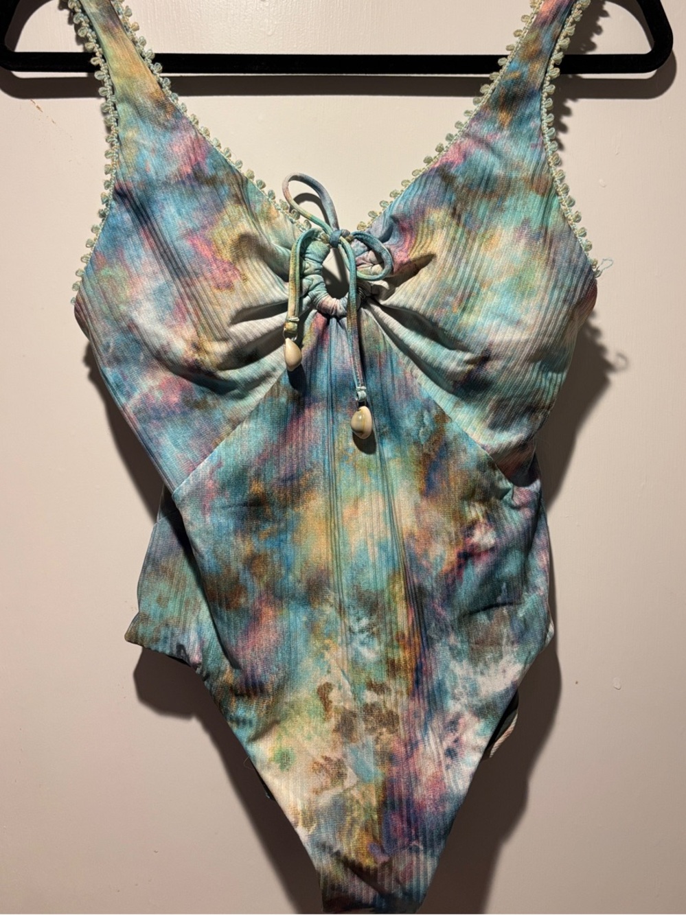 BECCA NWOT, Pastel Tie-Dye Ribbed One-Piece Swimsuit in Aqua, Pink, Yellow